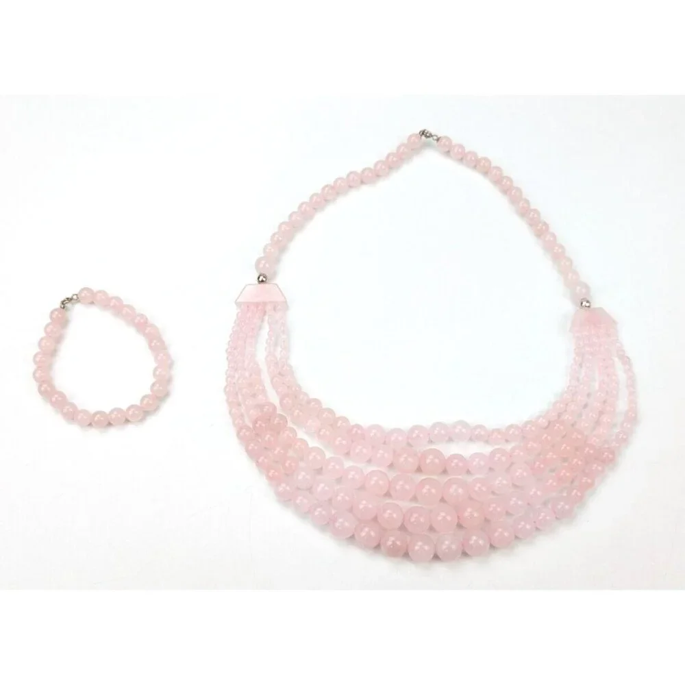 Graduated Pink Rose Quartz Beaded Bib Necklace & Bracelet Sterling Silver 925 - Picture 1 of 10